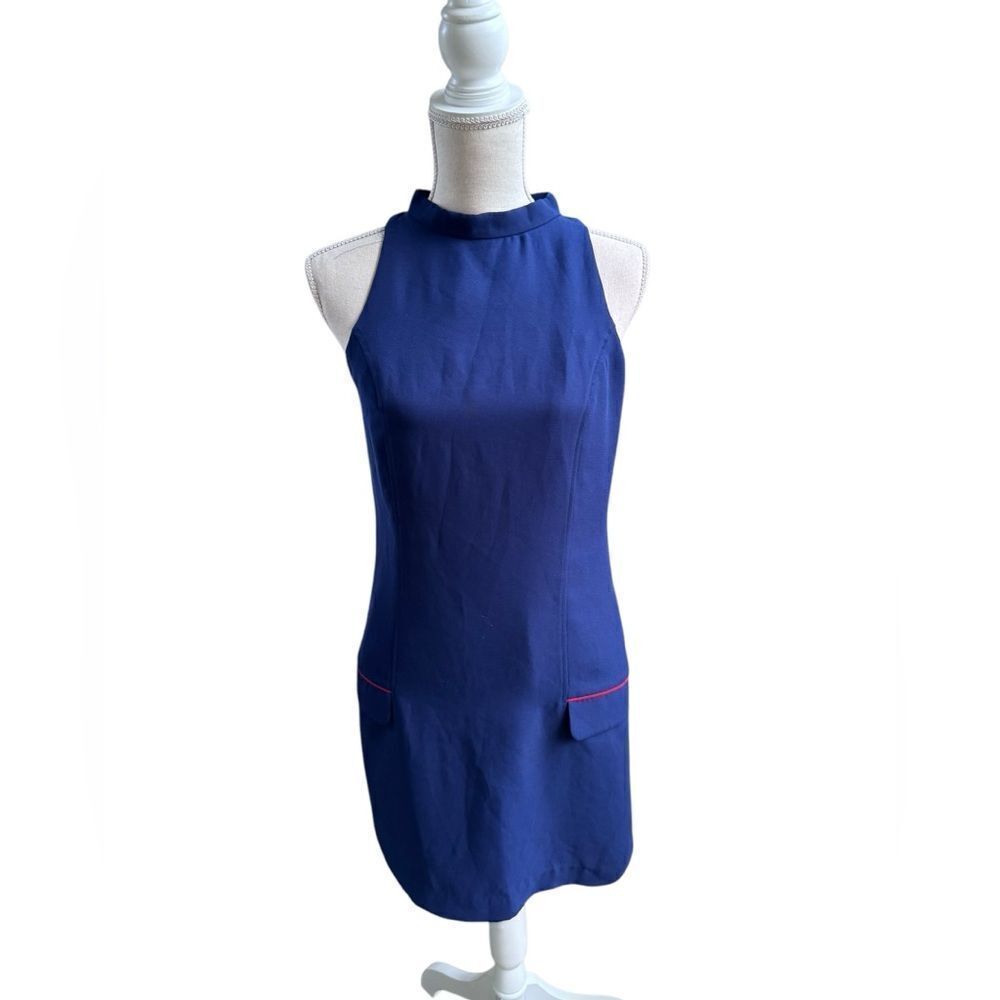 Sail to Sable Navy Sleeveless Shift Dress Red Poplin pockets Red Back Zipper 2